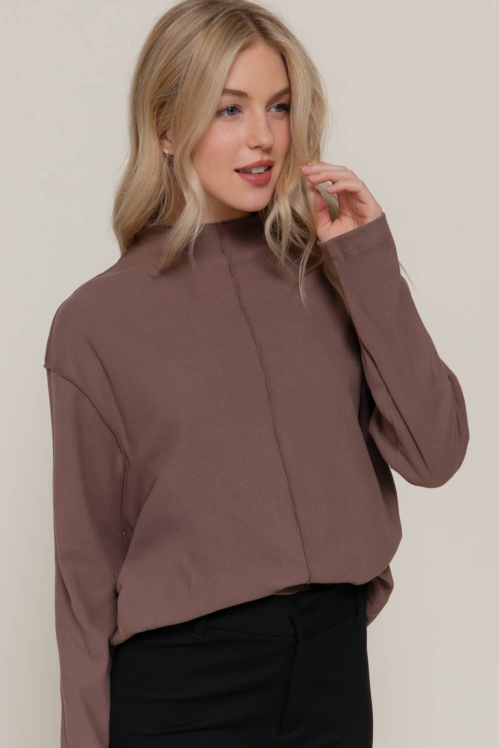 Long Sleeve Visible Overlocked Seams Detail Brushed Rib Top