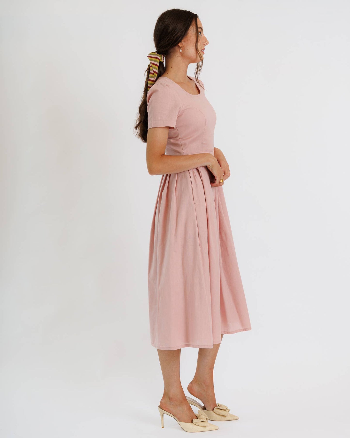 Polly Pink Short Sleeve Scoop Neck Midi Dress
