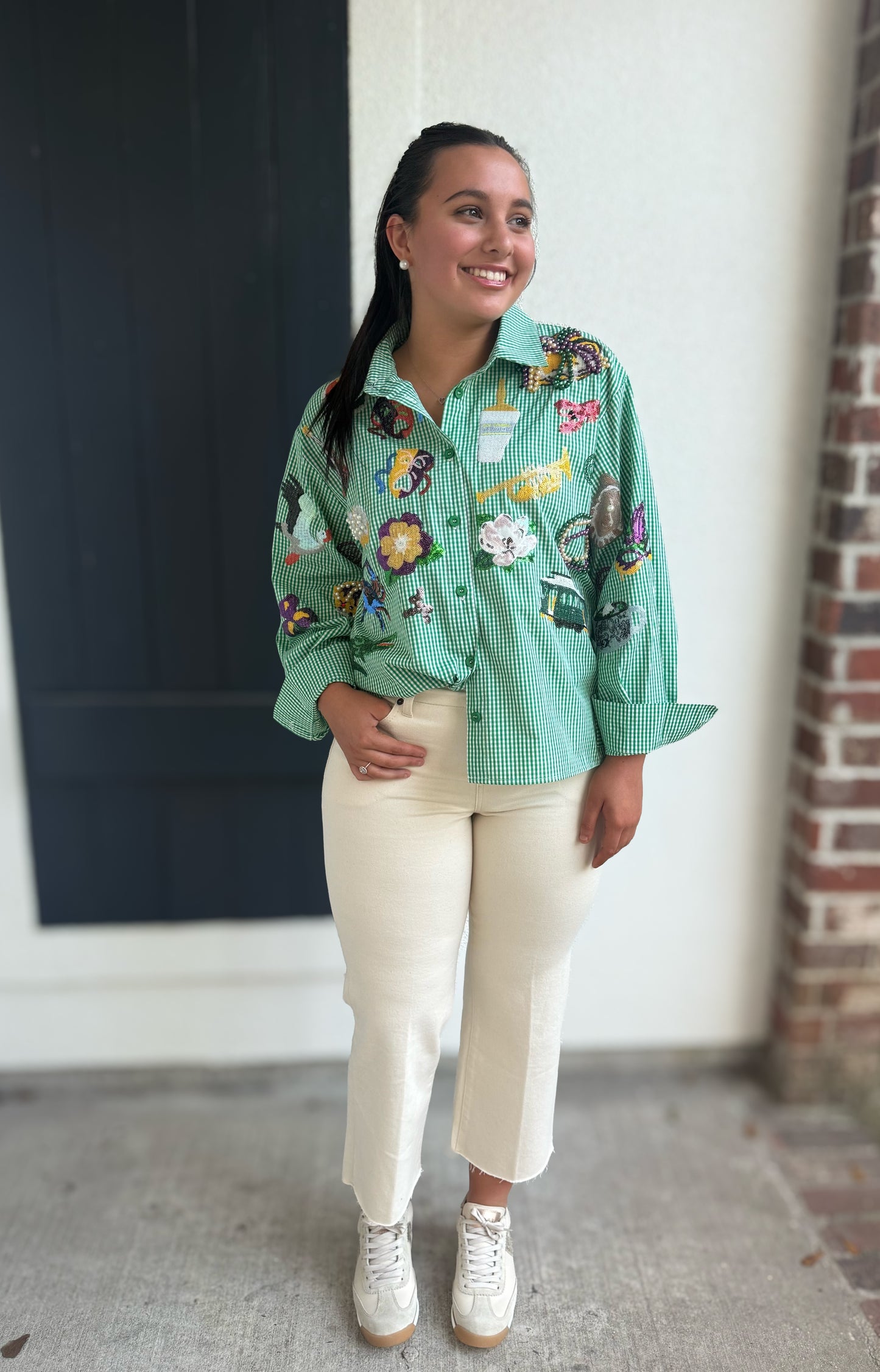 Queen of Sparkles Green and White Gingham Mardi Gras Icon Button Down Top