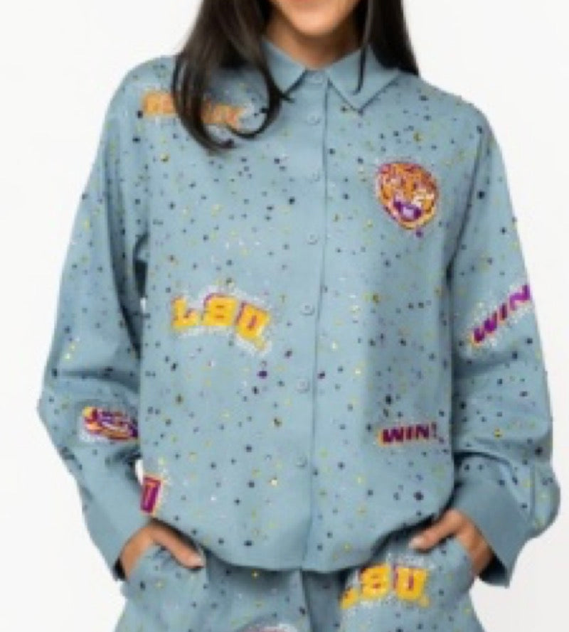 Queen of Sparkles Licensed LSU Denim Multi-Rhinestone Scattered Logo Button-Up Top