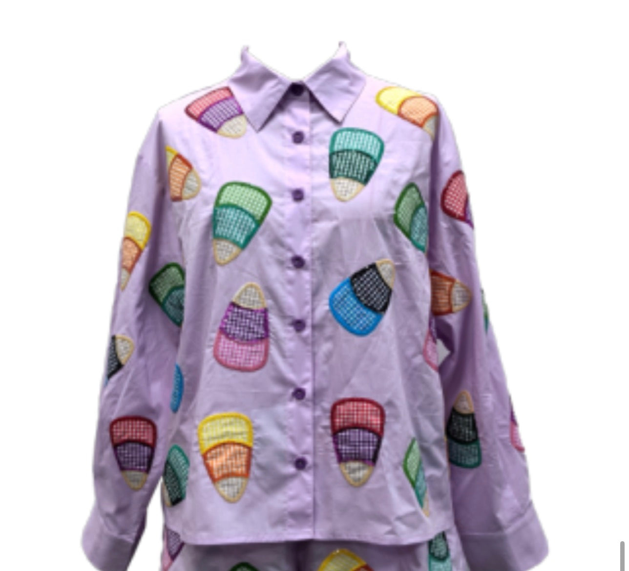 QOS Lavender Multi Gingham Candy Corn Button Up Top