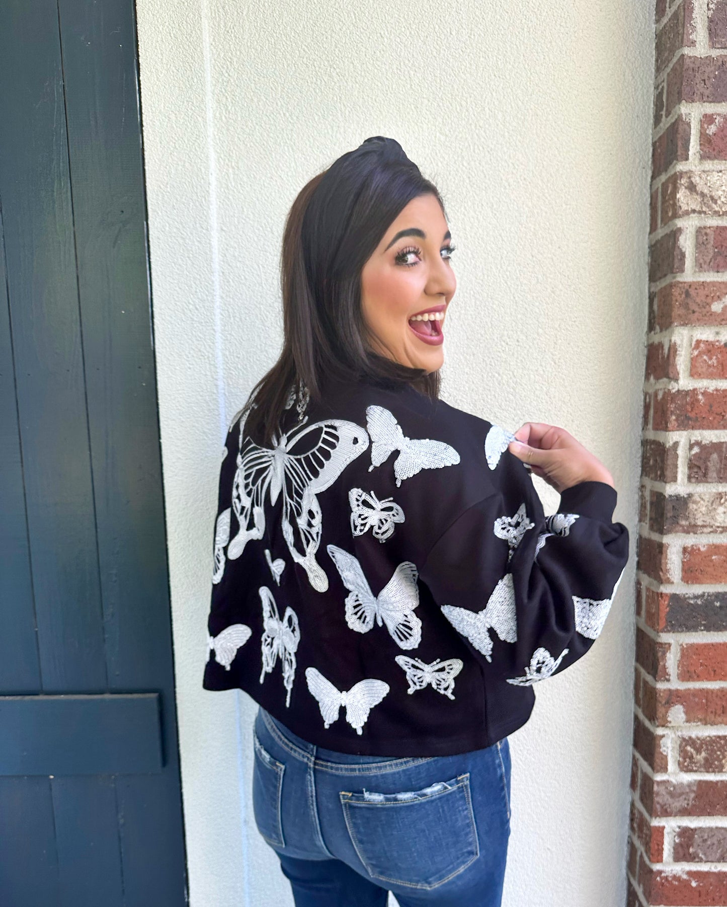 QOS Butterfly Skeleton Crop Sweatshirt