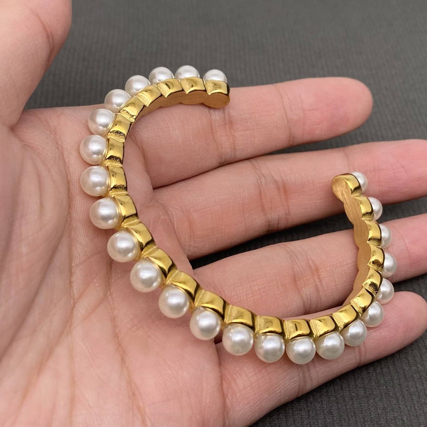 Pearl Inlaid 18K Gold Plated Stainless Steel Cuff