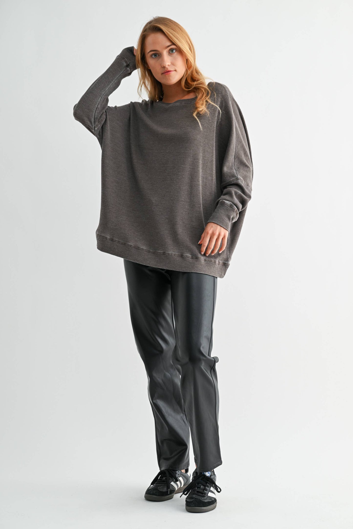 Waffle Ribbed Roundneck Pullover