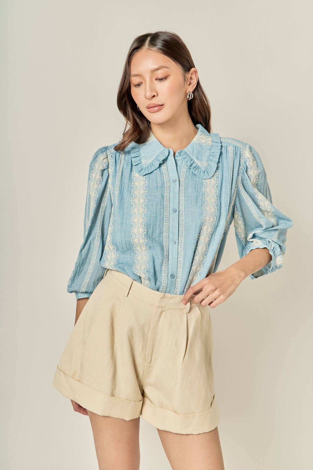 Embroidered Ruffle Collar Blouse