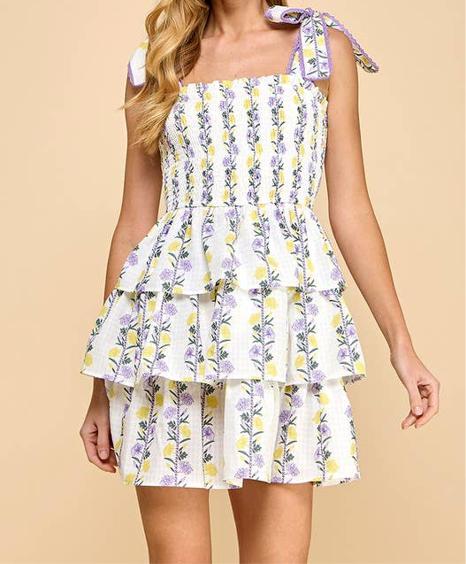 Floral Striped Smocked Tiered Skirt Dress