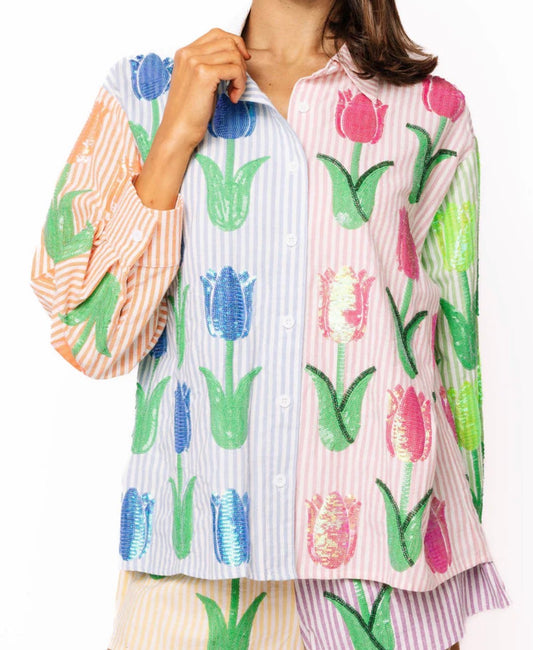 Queen of Sparkles Striped Colorblock Sequin Tulip Button Down