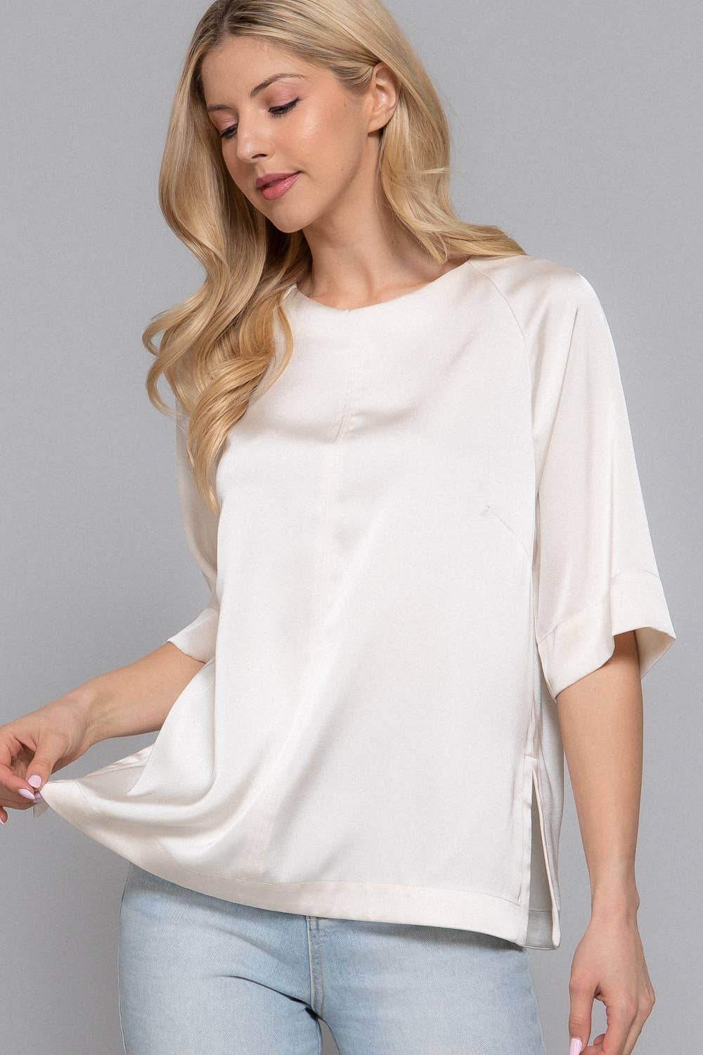 Raglan Elbow Sleeve Side Slit Back Closure Satin Blouse