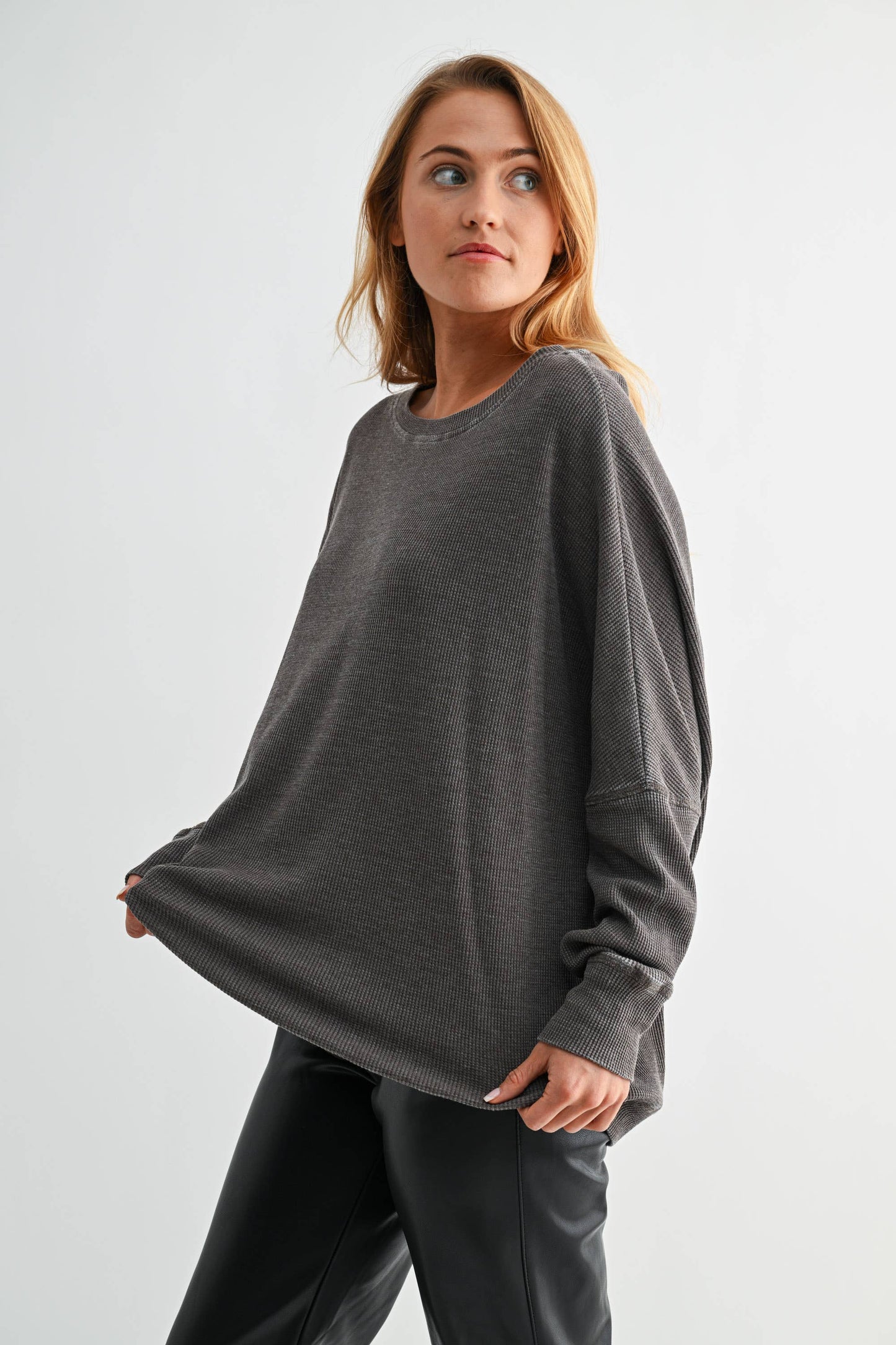 Waffle Ribbed Roundneck Pullover