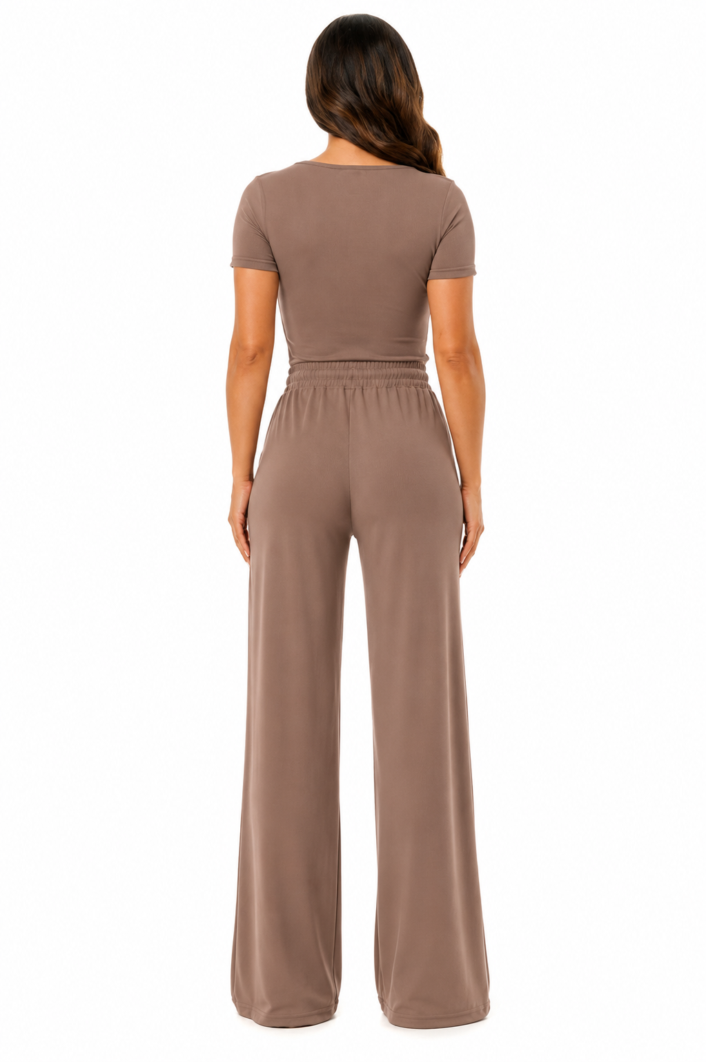 Solid slinky short sleeve body suit with flare pants set