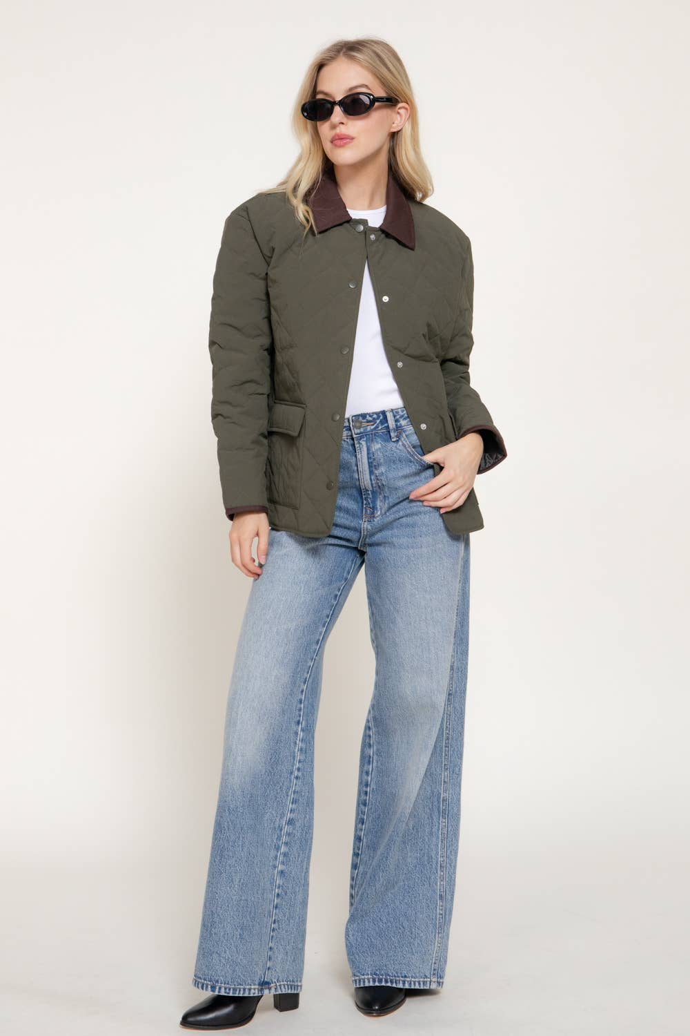 Long Sleeve Lapel Collar Quilted Puffer Jacket