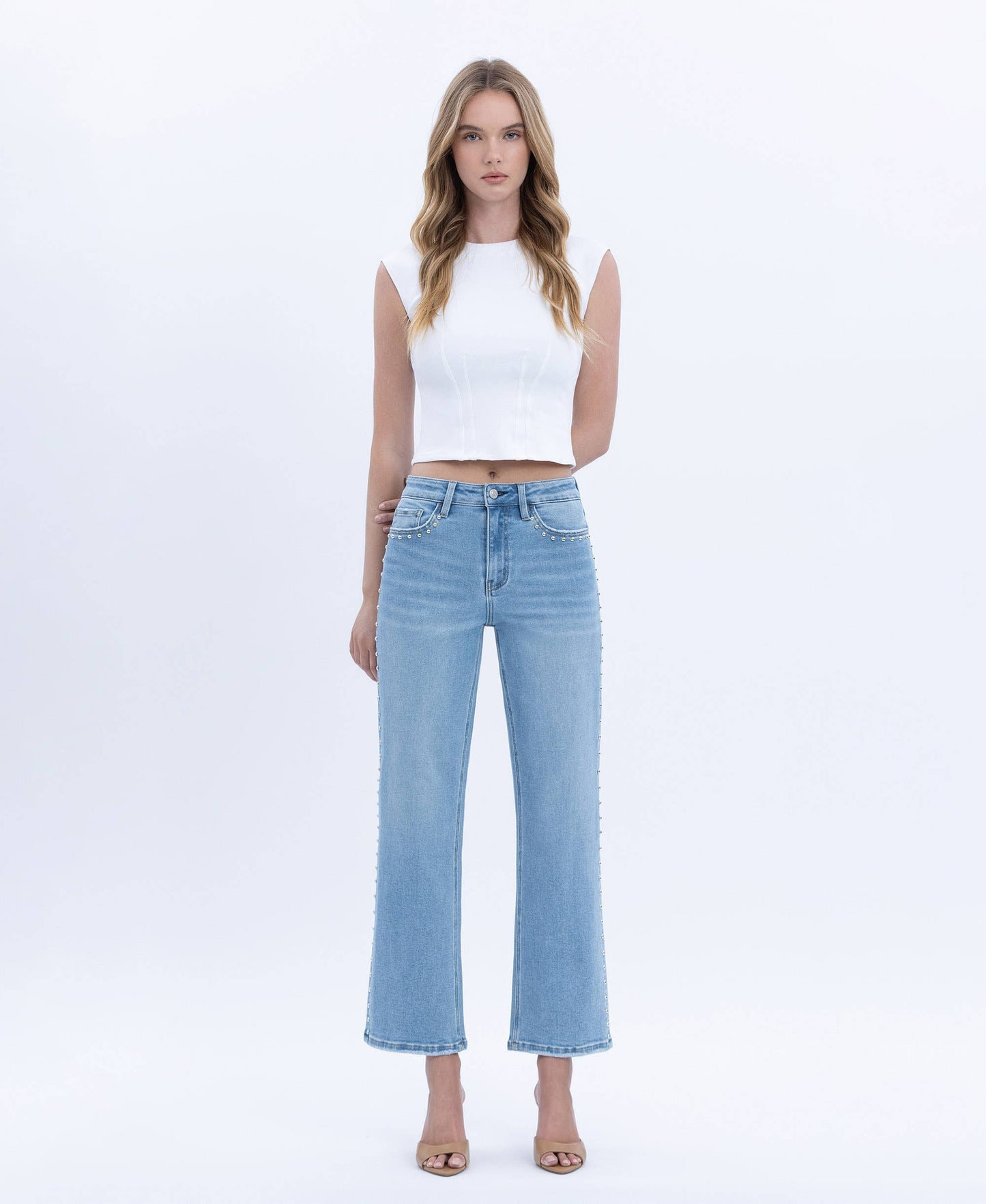 HIGH RISE ANKLE STUDDED SLIM WIDE JEANS LV1964