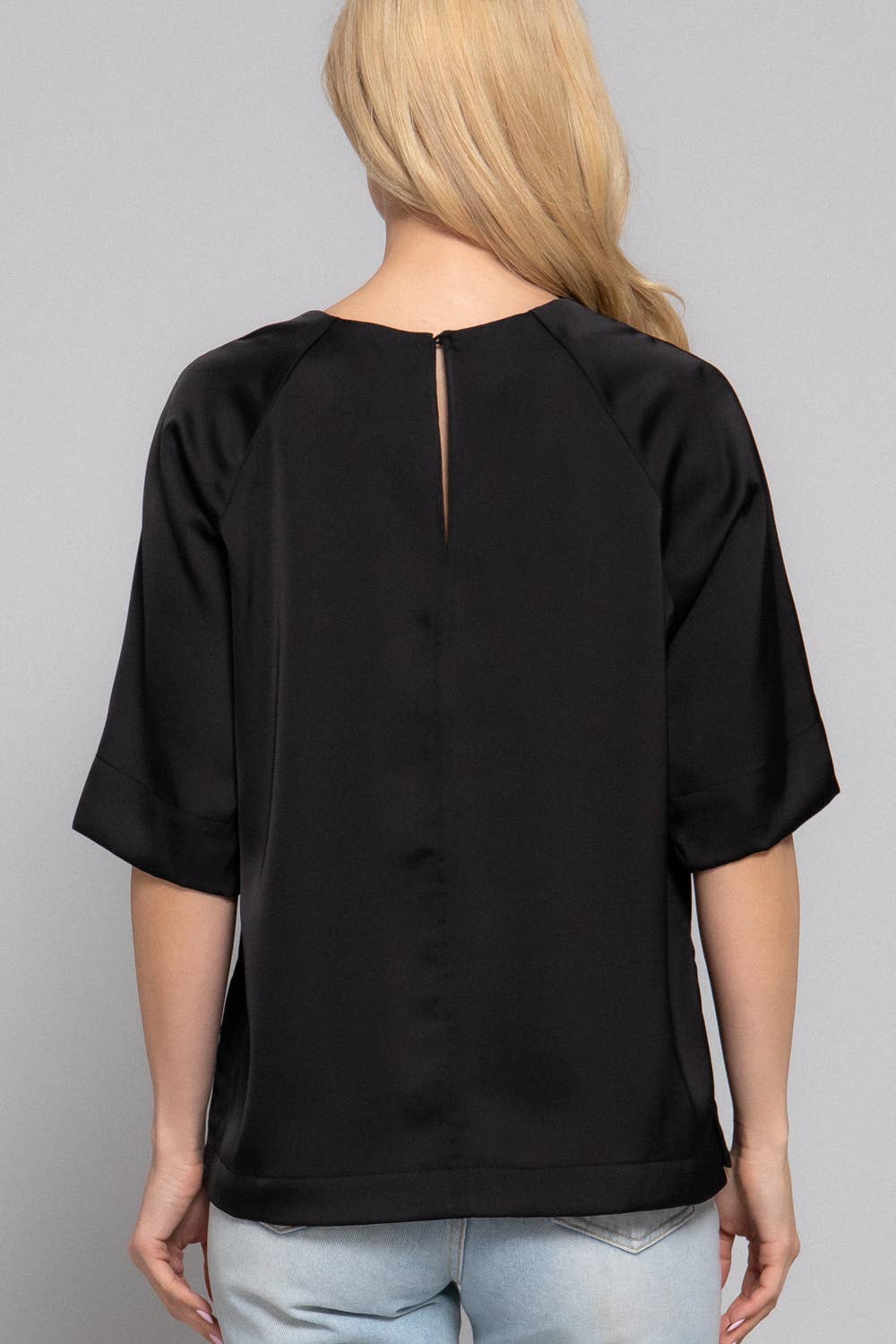 Raglan Elbow Sleeve Side Slit Back Closure Satin Blouse