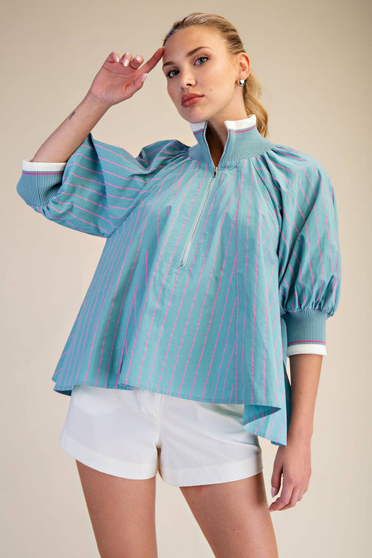 Mock Neck Band Puff Sleeve Blouse