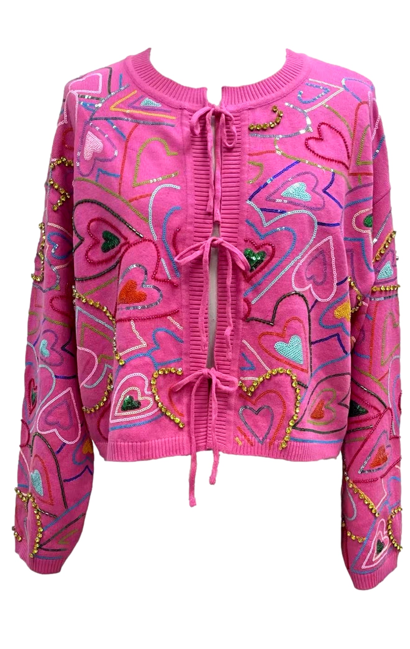 Queen of Sparkles Hot Pink Groovy Heart Tie Up Sweater