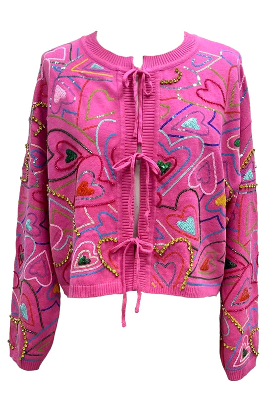 Queen of Sparkles Hot Pink Groovy Heart Tie Up Sweater