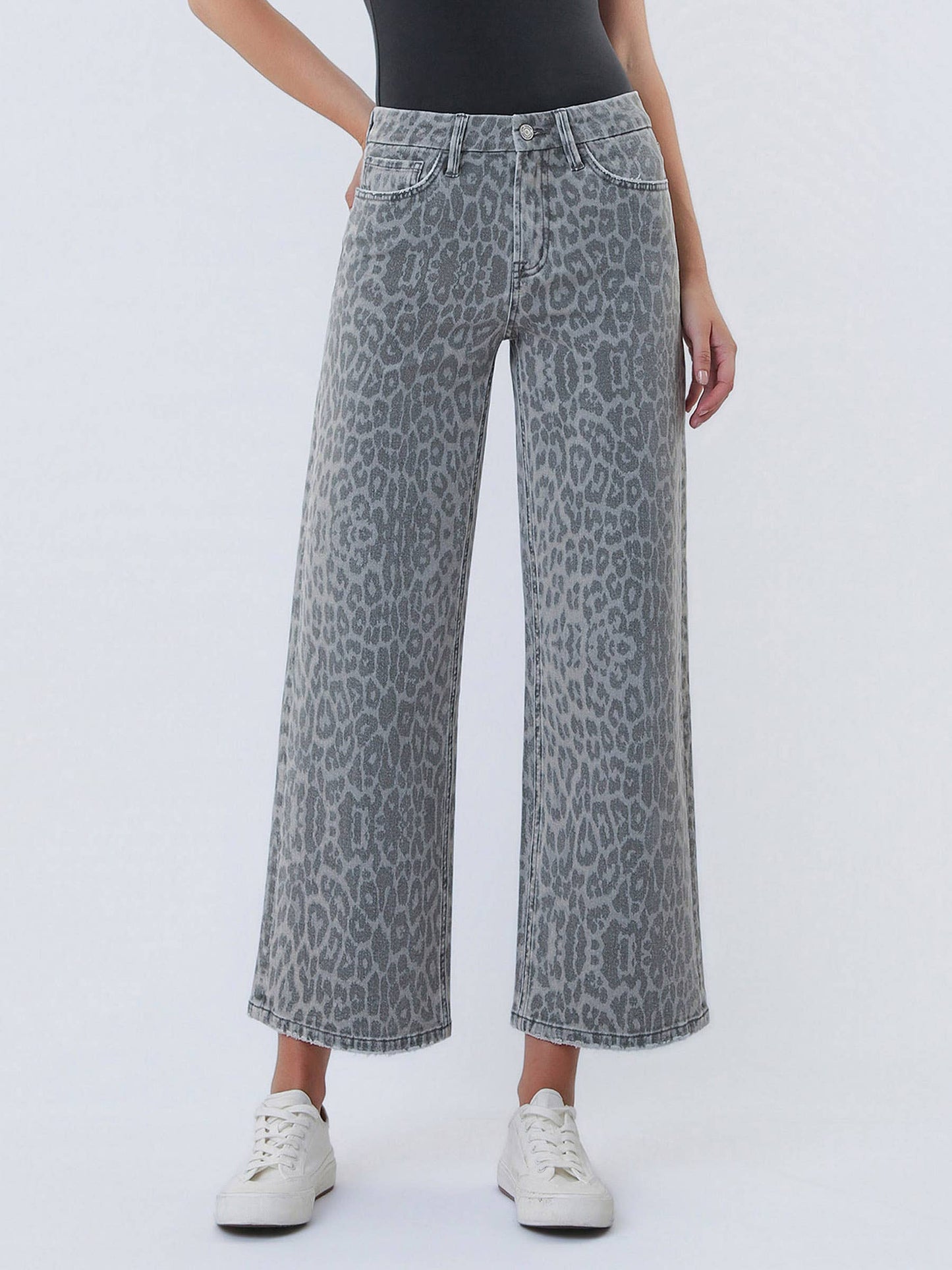 HIGH RISE GREY LEOPARD PRINT CROP WIDE LEG JEANS