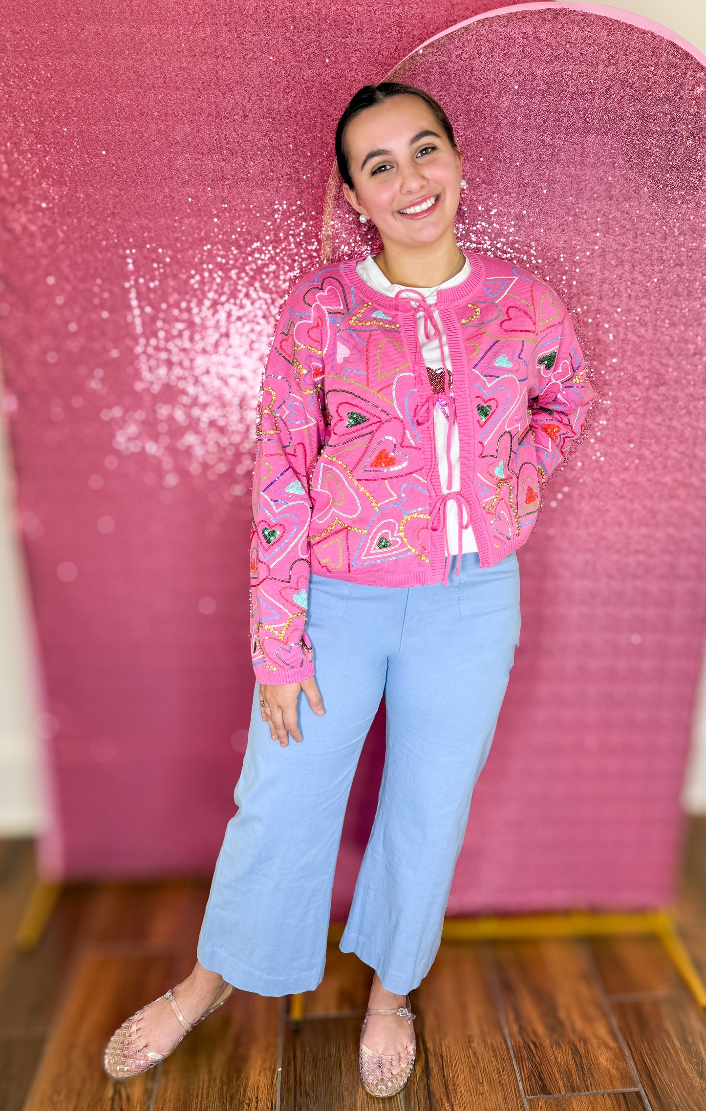 Queen of Sparkles Hot Pink Groovy Heart Tie Up Sweater