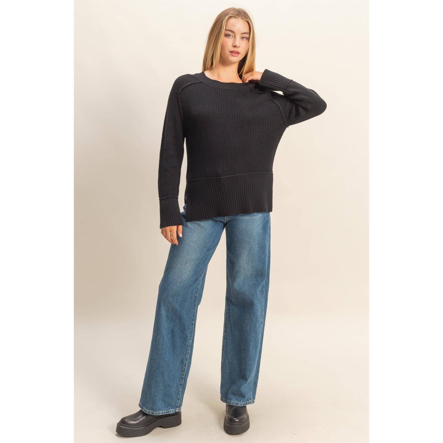 Raglan Long Sleeve Side Slit Sweater