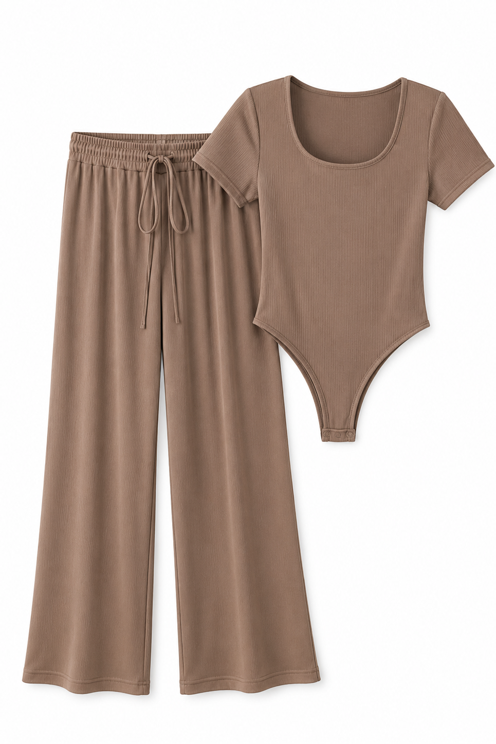 Solid slinky short sleeve body suit with flare pants set