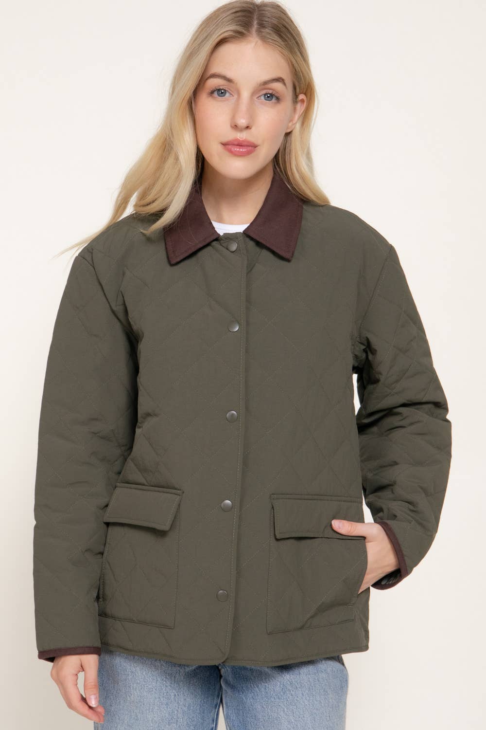 Long Sleeve Lapel Collar Quilted Puffer Jacket