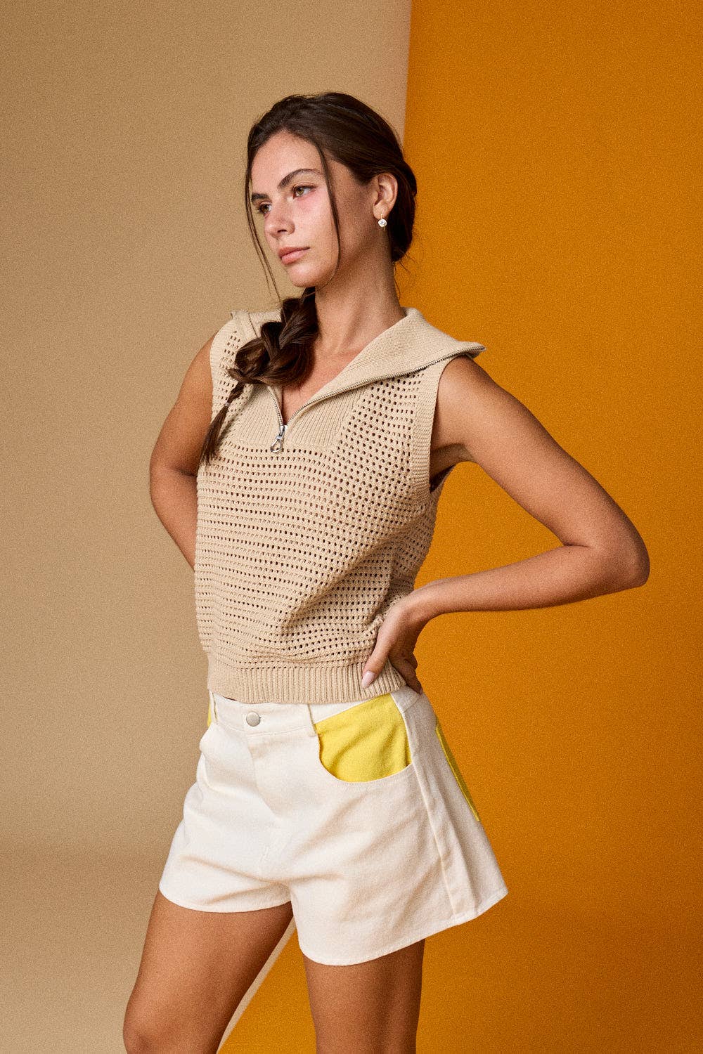 Open Knit Zip Collar Sleeveless Sweater