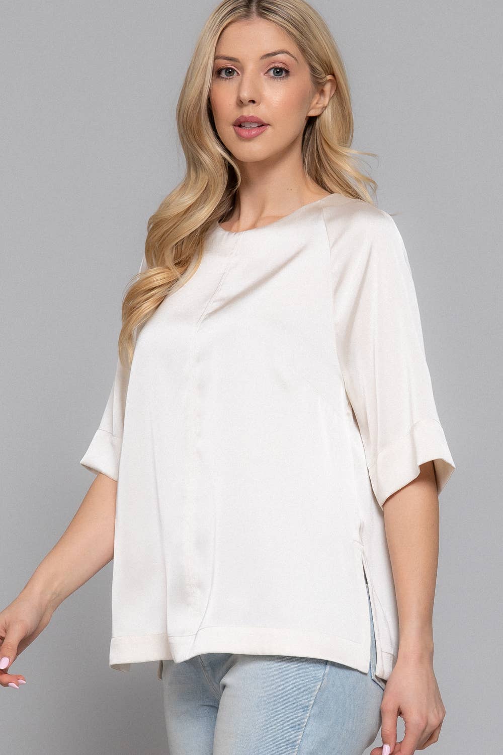 Raglan Elbow Sleeve Side Slit Back Closure Satin Blouse