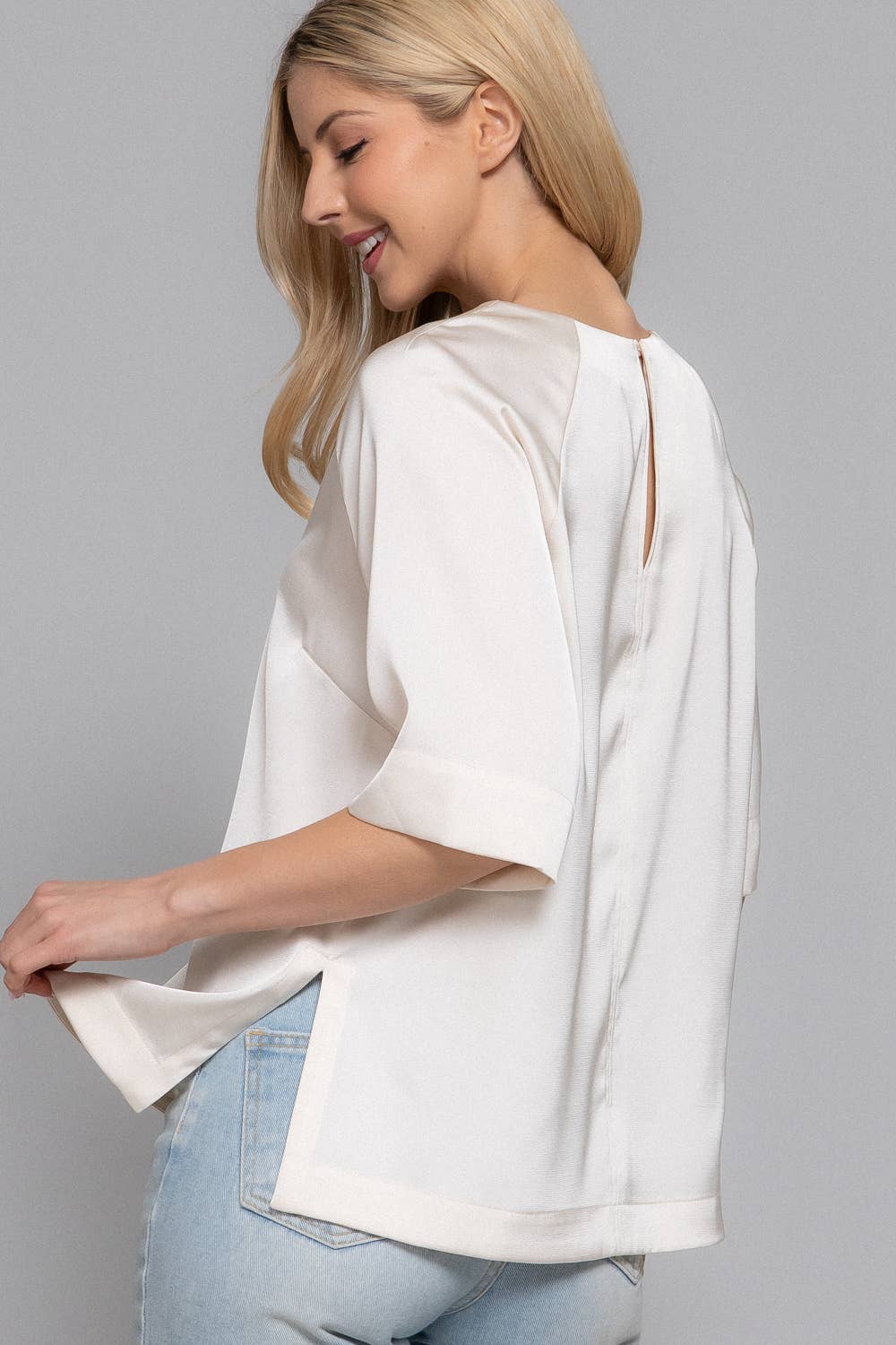 Raglan Elbow Sleeve Side Slit Back Closure Satin Blouse