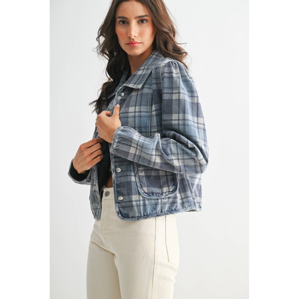 Denim Plaid Button-Front Jacket