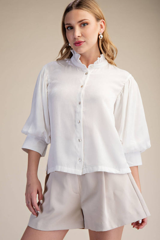 Ruffle Neck Puff Sleeve Blouse
