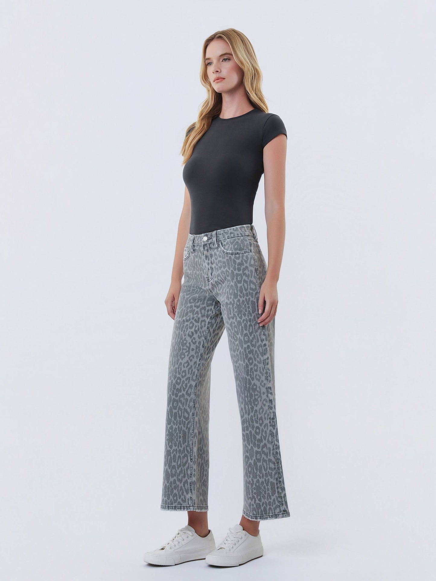 HIGH RISE GREY LEOPARD PRINT CROP WIDE LEG JEANS