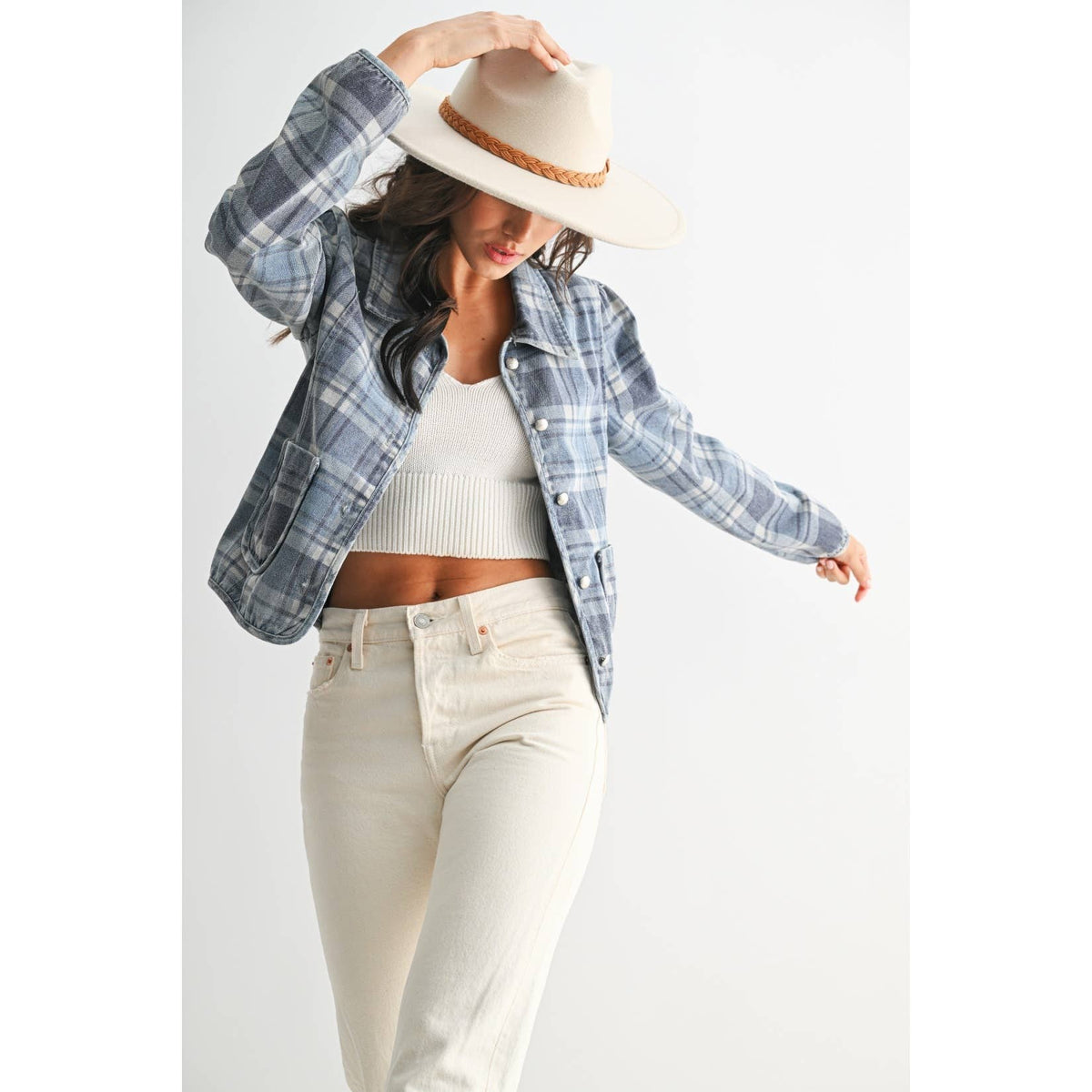 Denim Plaid Button-Front Jacket