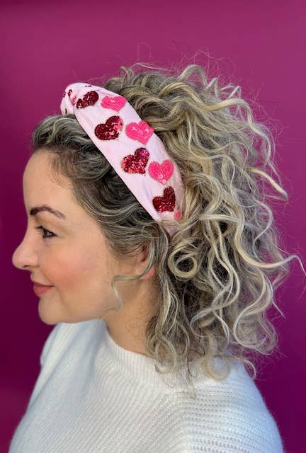 Valentine's Headband - Pink w/ Red & Pink Sequin Hearts
