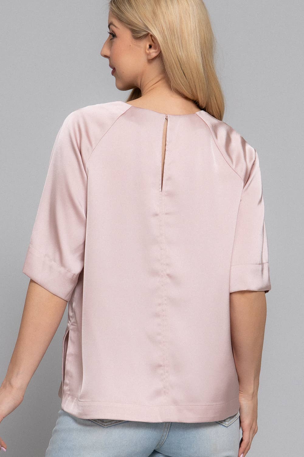 Raglan Elbow Sleeve Side Slit Back Closure Satin Blouse
