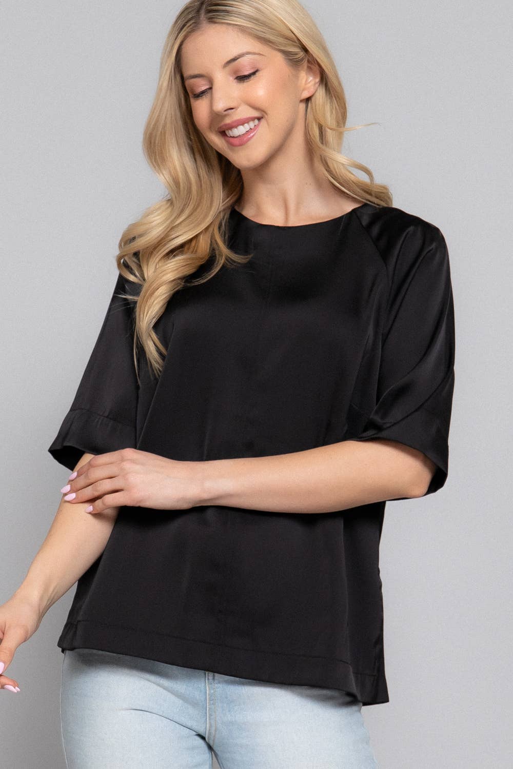 Raglan Elbow Sleeve Side Slit Back Closure Satin Blouse