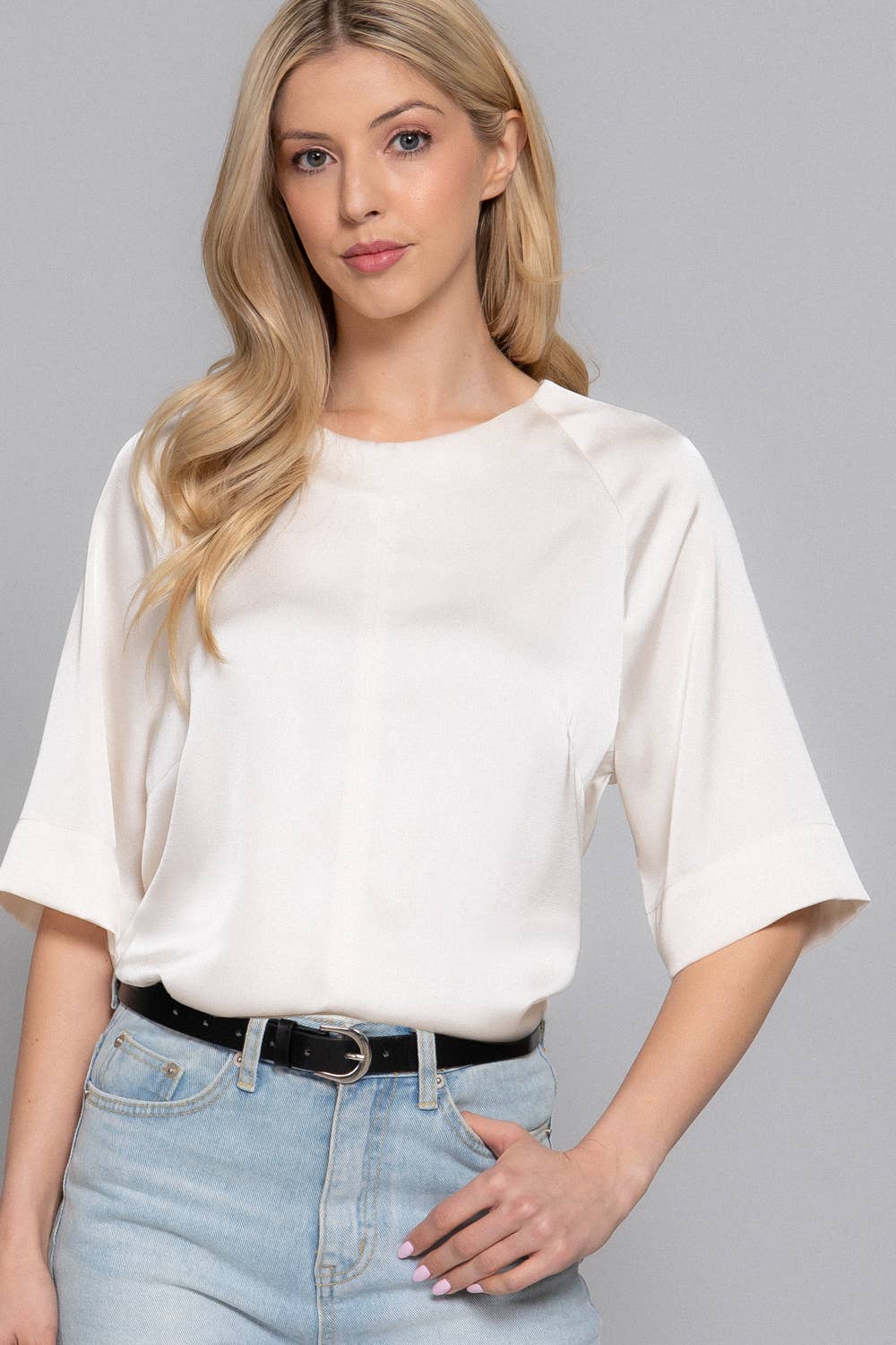 Raglan Elbow Sleeve Side Slit Back Closure Satin Blouse