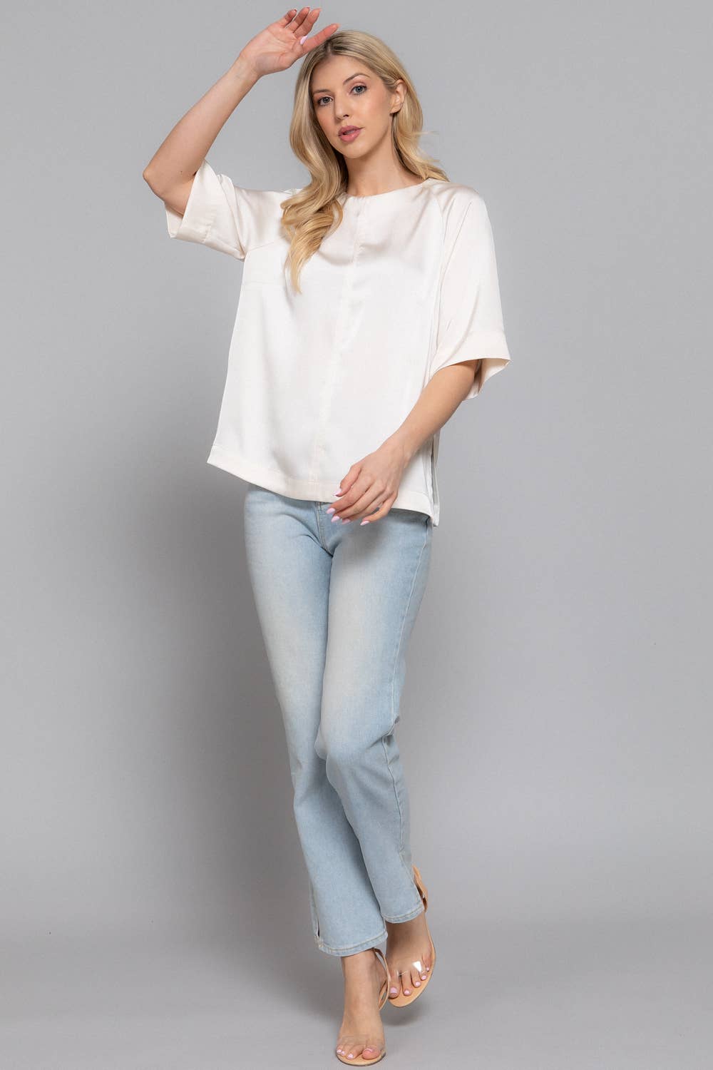 Raglan Elbow Sleeve Side Slit Back Closure Satin Blouse