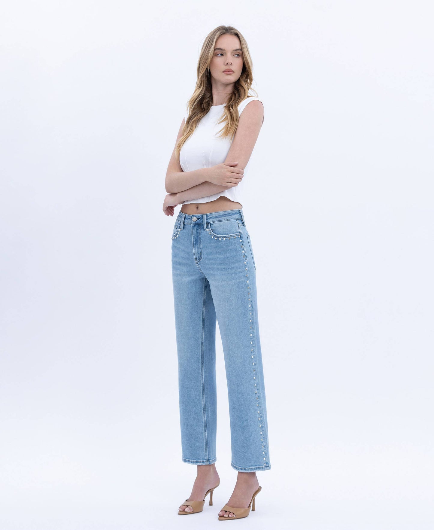 HIGH RISE ANKLE STUDDED SLIM WIDE JEANS LV1964