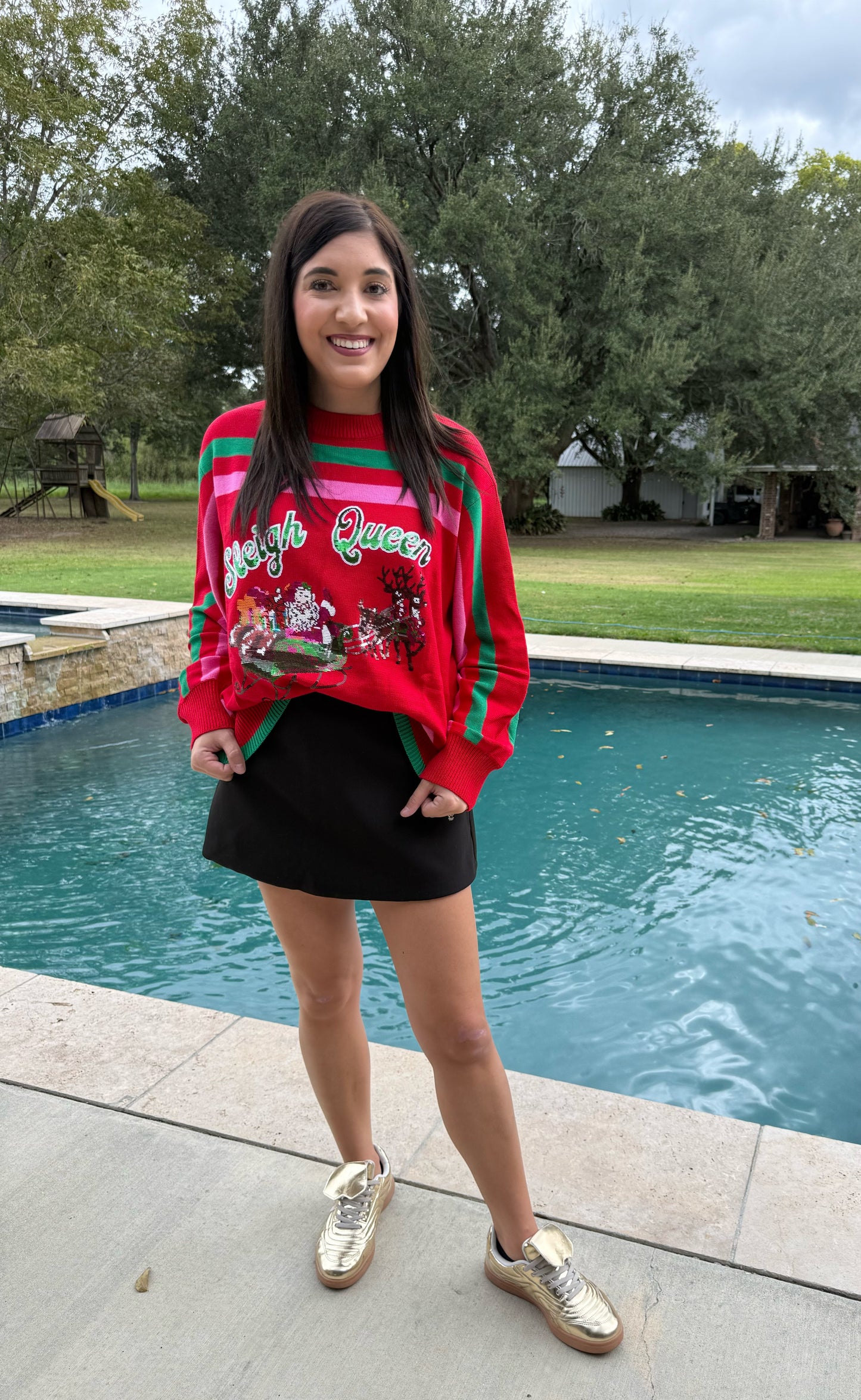QUEEN OF SPARKLES Red Green and Pink Sleigh Queen Sweater