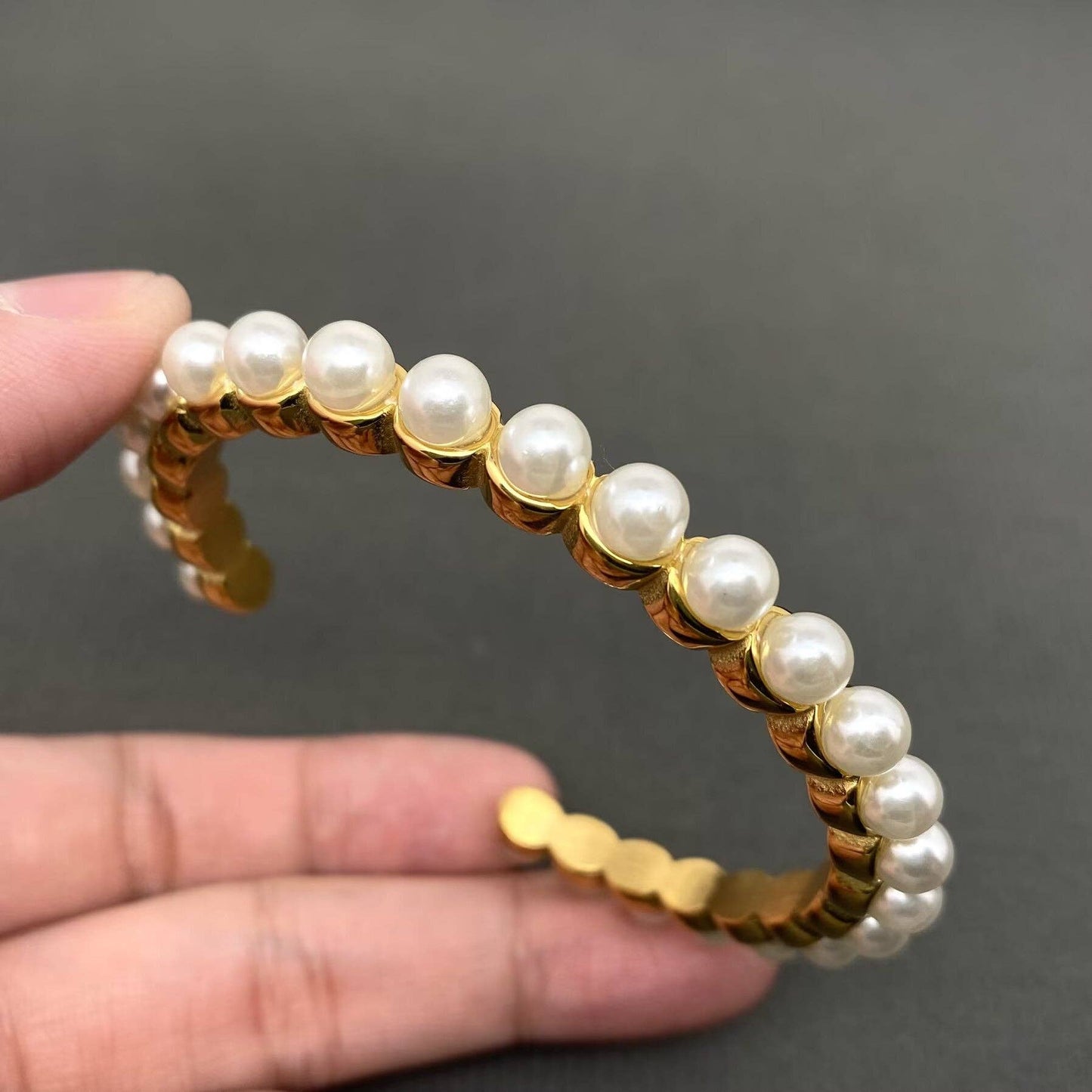 Pearl Inlaid 18K Gold Plated Stainless Steel Cuff