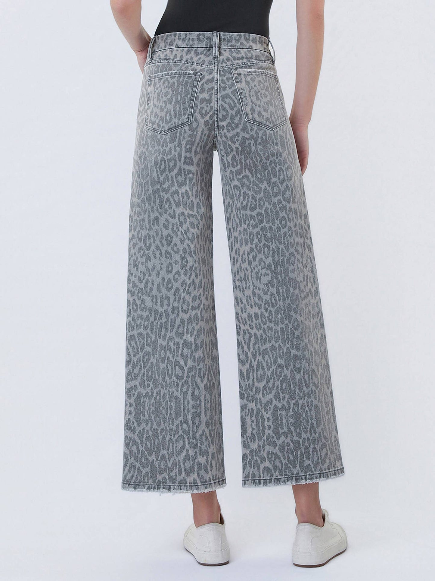 HIGH RISE GREY LEOPARD PRINT CROP WIDE LEG JEANS