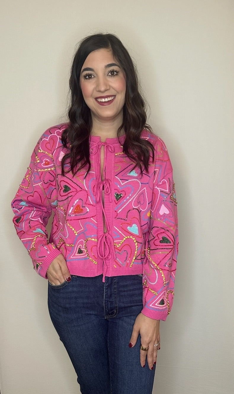 Queen of Sparkles Hot Pink Groovy Heart Tie Up Sweater