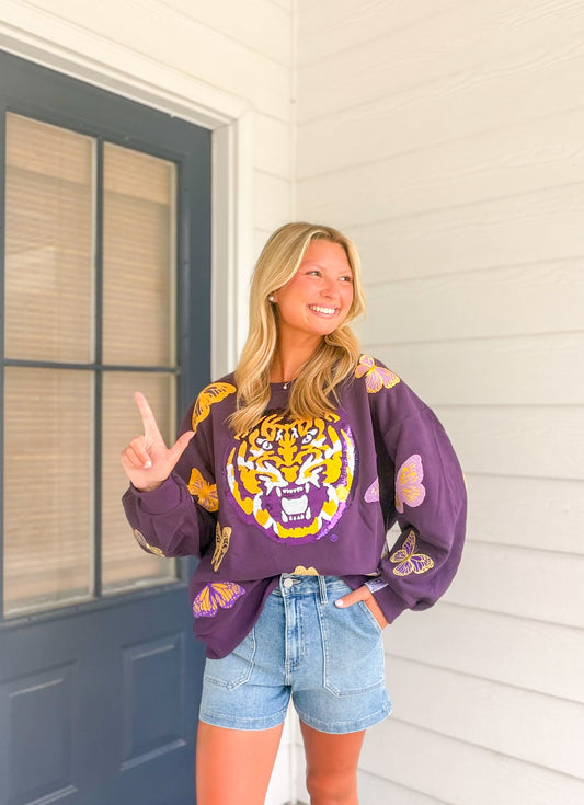 Queen of Sparkles Licensed LSU Mascot Butterfly Sweatshirt