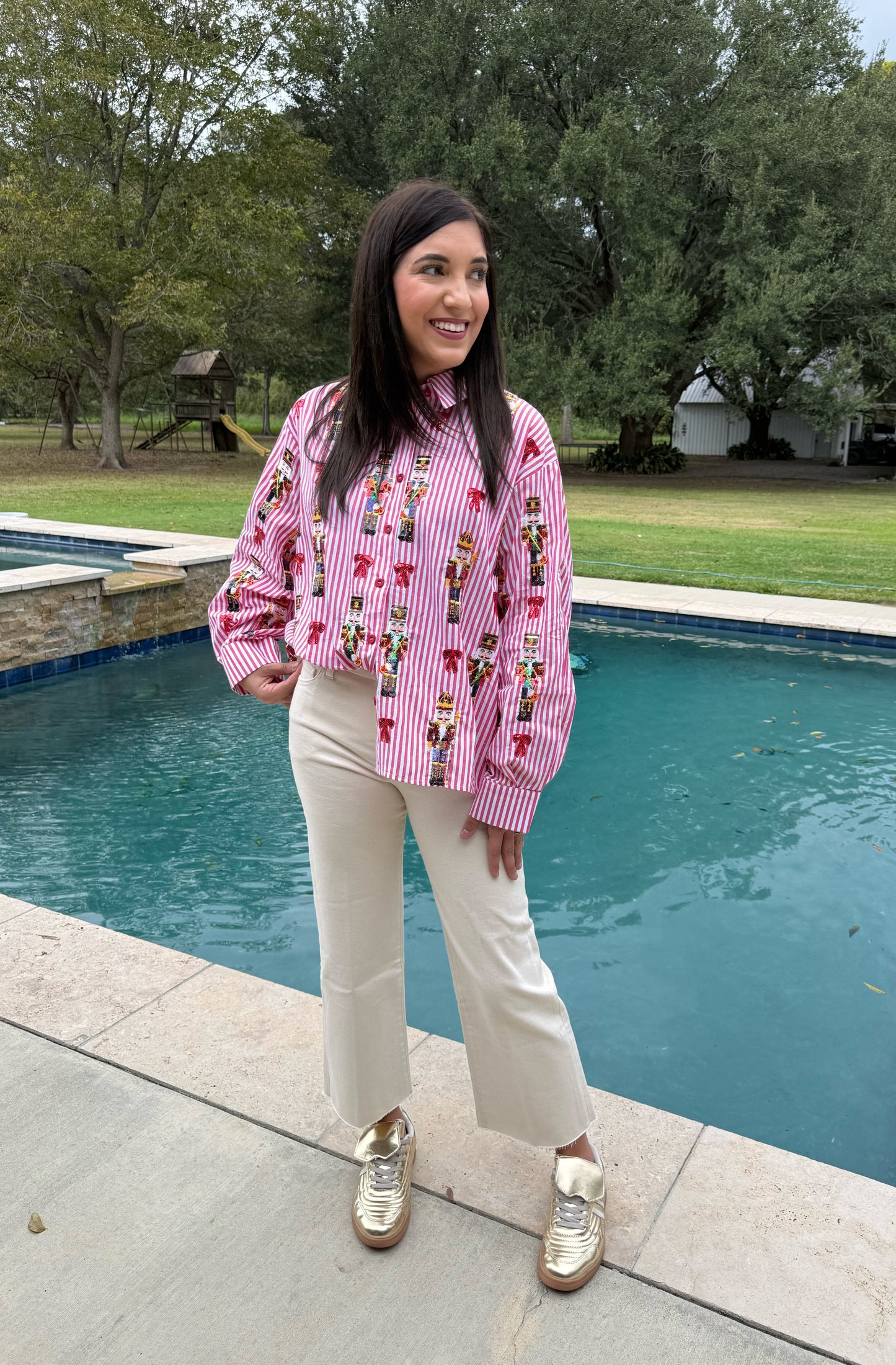 QUEEN OF SPARKLES Red Stripe Scattered Nutcracker and Bow Button Down
