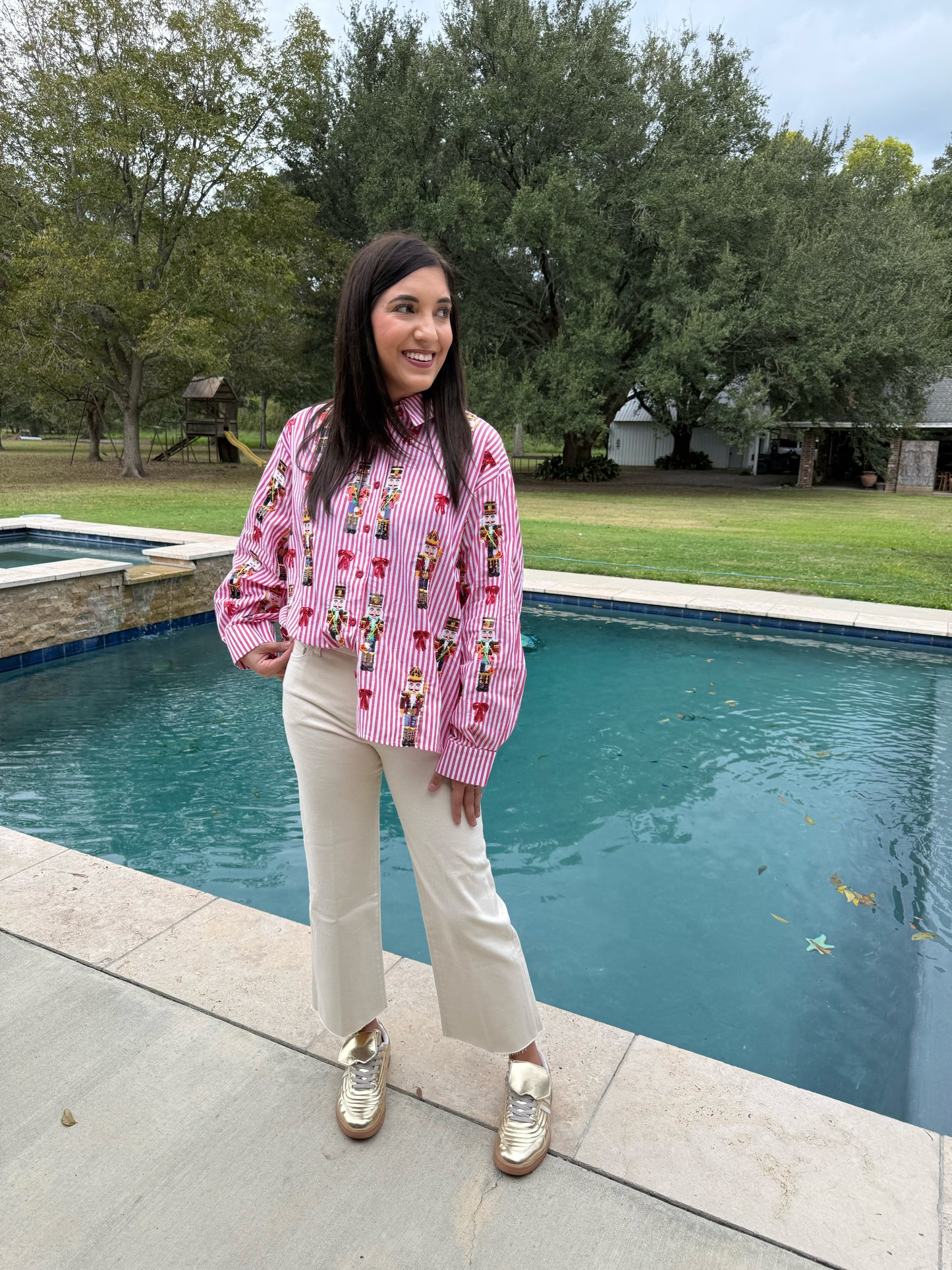 QUEEN OF SPARKLES Red Stripe Scattered Nutcracker and Bow Button Down