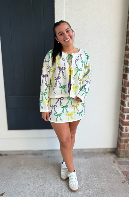 Queen of Sparkles White Mardi Gras Bow Skirt