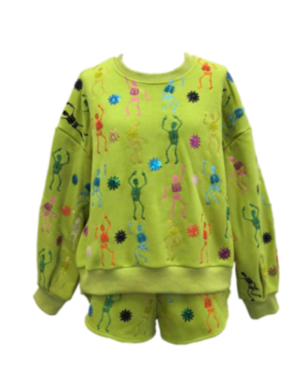 QOS Lime Green Multi Skeleton Sweatshirt