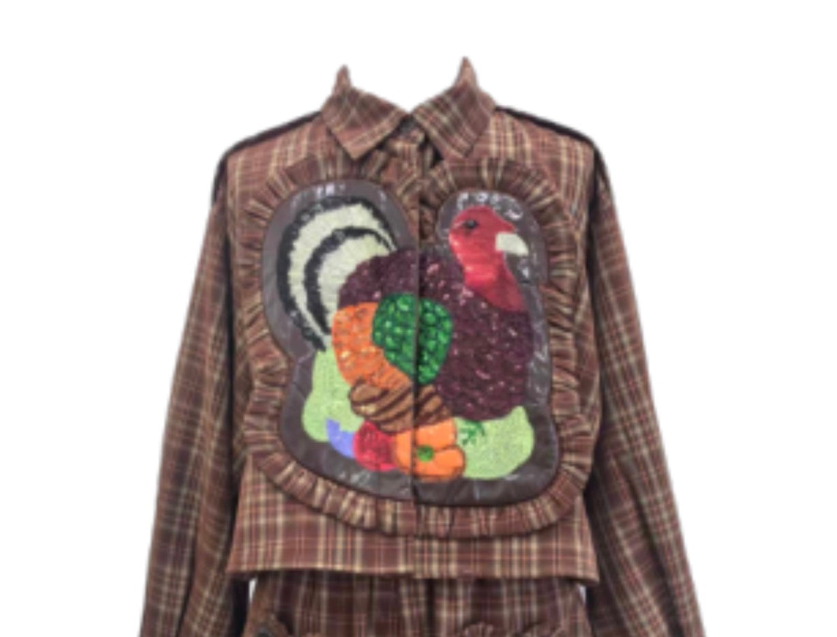 QOS Brown Plaid Turkey Ruffle Patch Button Up Top