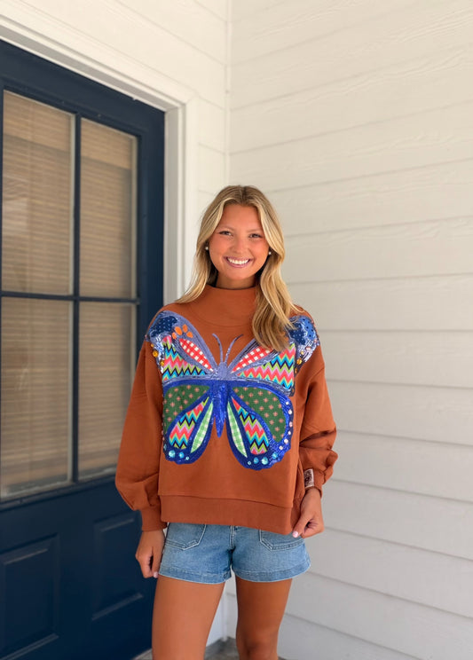 Queen of Sparkles Brown Patchwork Butterfly Mockneck Sweatshirt