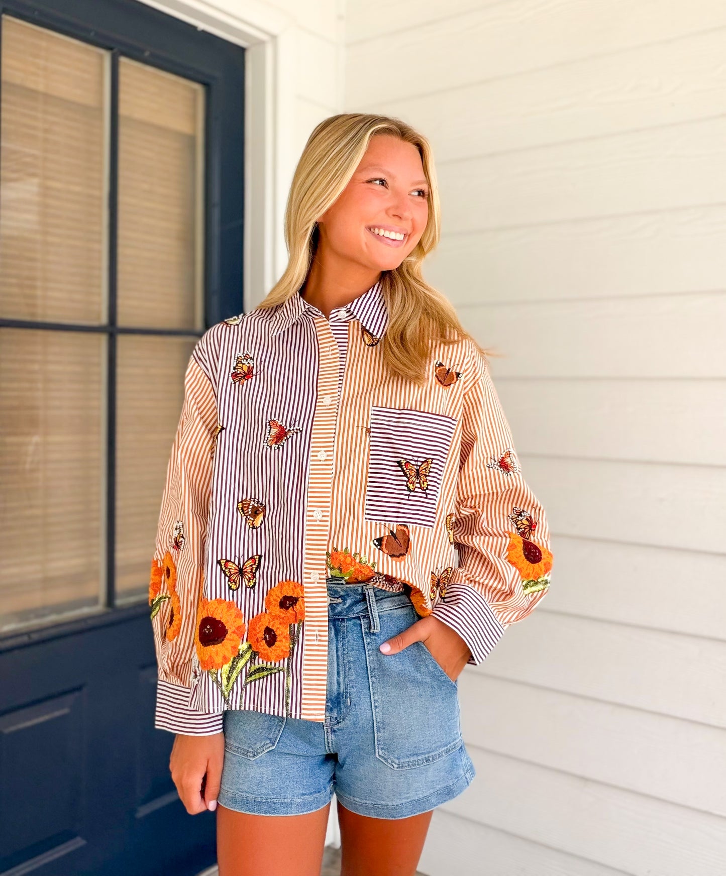 Queen of Sparkles Colorblock Striped Butterfly and Sunflower Button Down